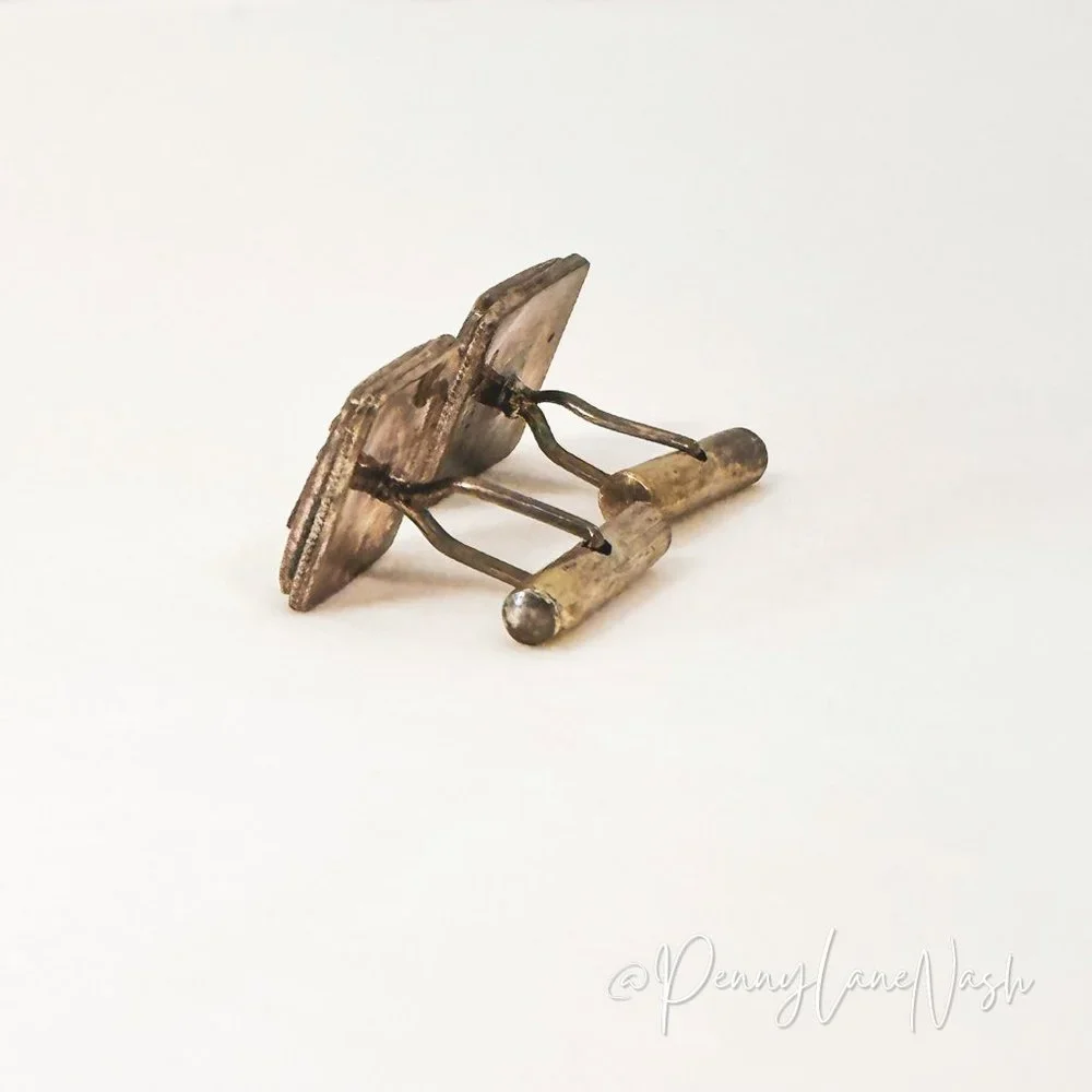 Vintage Silver Chinese Symbols on Off White Gem Cuff Links
